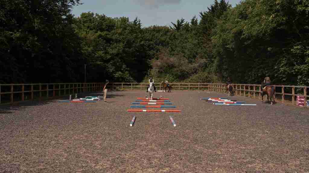 Riders working over a grid of coloured poles in an outdoor sand arena, woodland behind